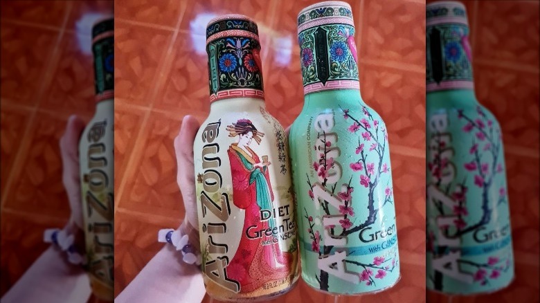 Two bottles of Arizona tea Diet green tea and green tea flavor