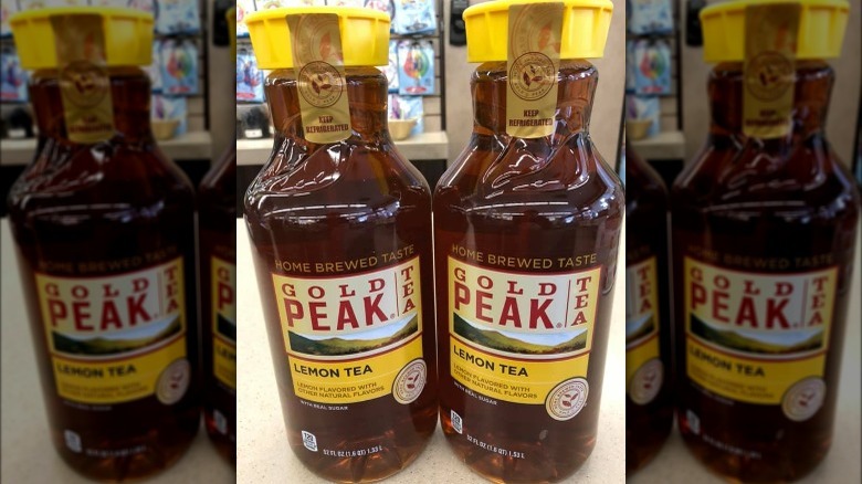 Two bottles of Gold Peak iced tea lemon flavored