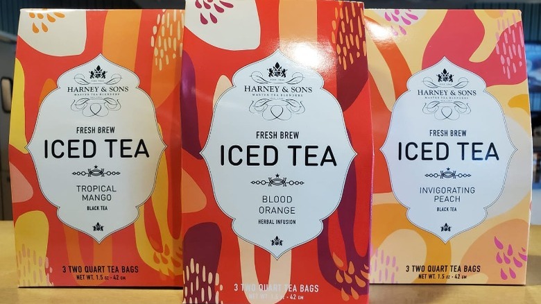 Harney & Sons boxes of iced tea bags in flavors tropical mango, blood orange, and invigorating peach 