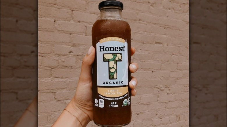 Glass bottle of Honest iced tea in Lori's Lemon flavor