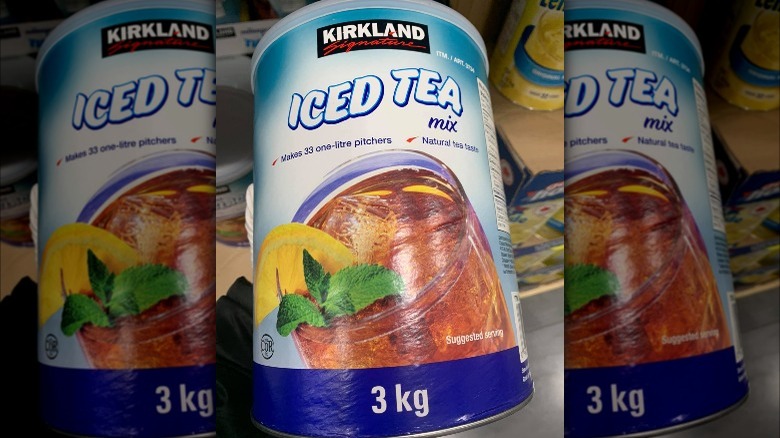 Canister of Kirkland Signature iced tea mix