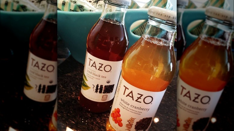 Bottles of Tazo iced tea in black tea and white cranberry flavors