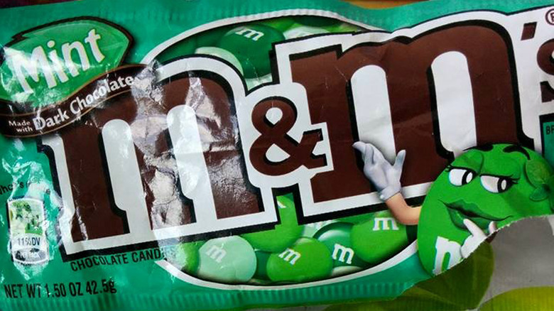 bag of mint dark chocolate M&MS