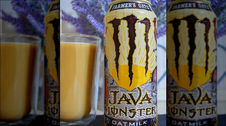 Can of  Farmer's Oats Java Monster next to glass