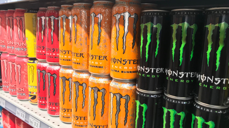 Monster Energy drinks on store shelf