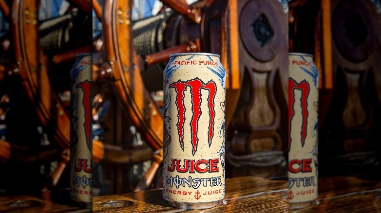 Can of Pacific Punch Juice Monster on a boat