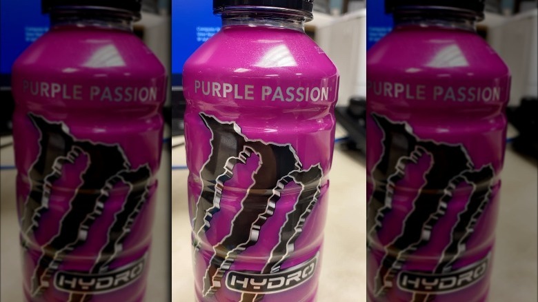 Bottle of Purple Passion Monster Hydro on counter