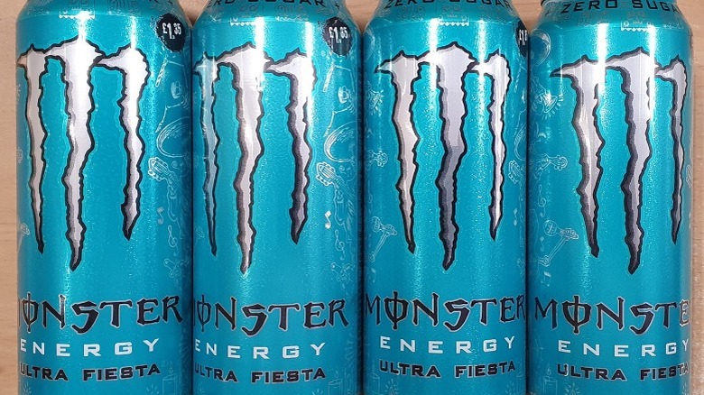 Cans of Zero-Sugar Ultra Fiesta Monster Energy drink