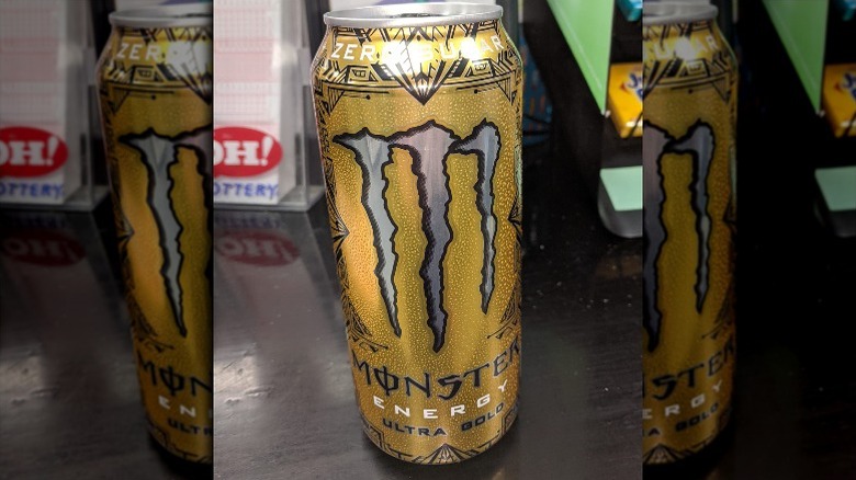 Can of Monster Energy Zero-Sugar Ultra Gold on store counter