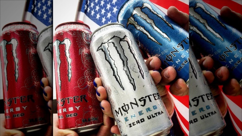 Monster Energy Zero Ultra and other flavors in front of American flag