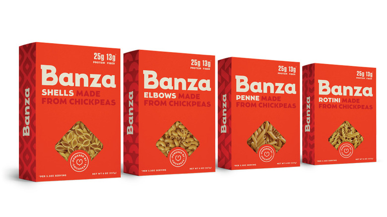 Boxes of Banza chickpea pasta in a line