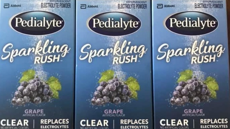 Boxes of Grape Pedialyte Sparkling Rush electrolyte powder