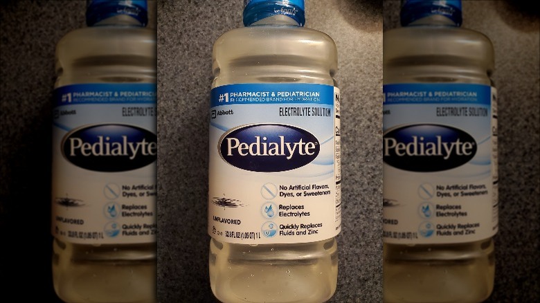 Bottle of Unflavored Pedialyte Classic on counter