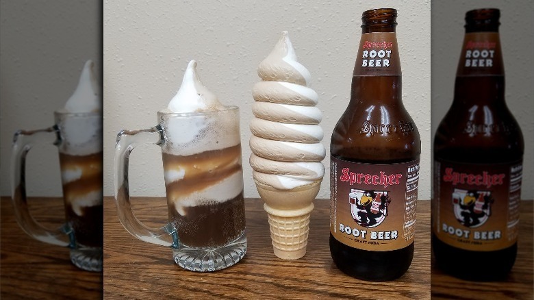 Root beer float, ice cream cone and Sprecher Root Beer bottle