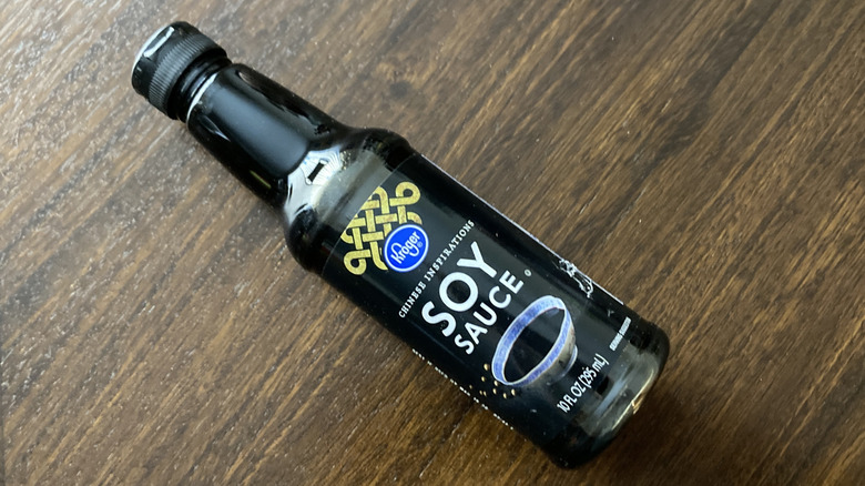 A bottle of Kroger soy sauce