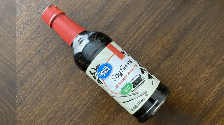 A bottle of Great Value soy sauce