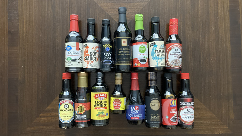 Bottles of various soy sauce brands