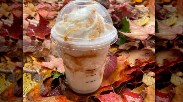 Apple Crisp Oatmilk Frappuccino and fall leaves