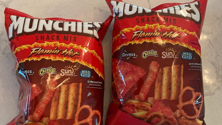 Two snack-sized bags of munchies flamin' hot snack mix