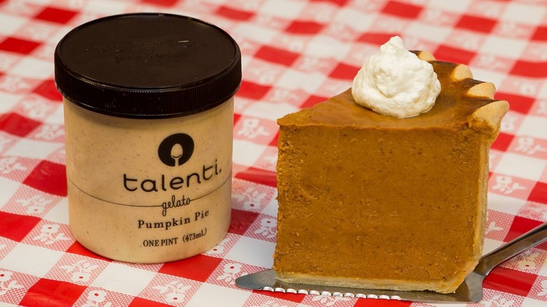 Pint of Pumpkin Pie gelato and slice of pumpkin pie