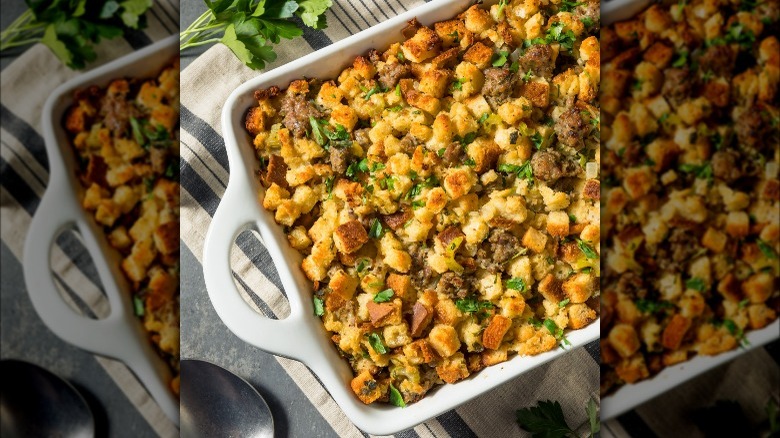 Casserole dish of Thanksgiving stuffing