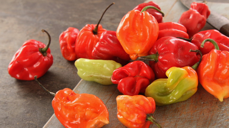 green, orange, and red scotch bonnet peppers