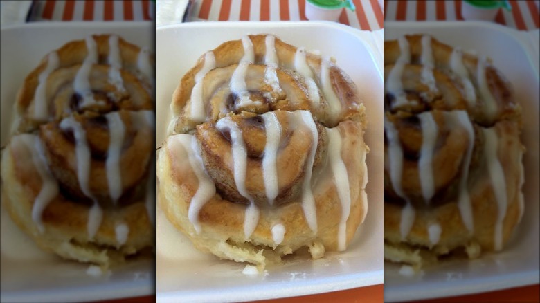 Whataburger Cinnamon Roll in Styrofoam container