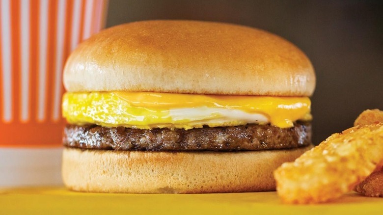 Whataburger Breakfast on a Bun sandwich with hashbrowns