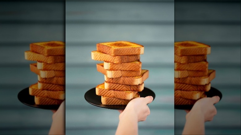 A hand holding a plate of Texas toast