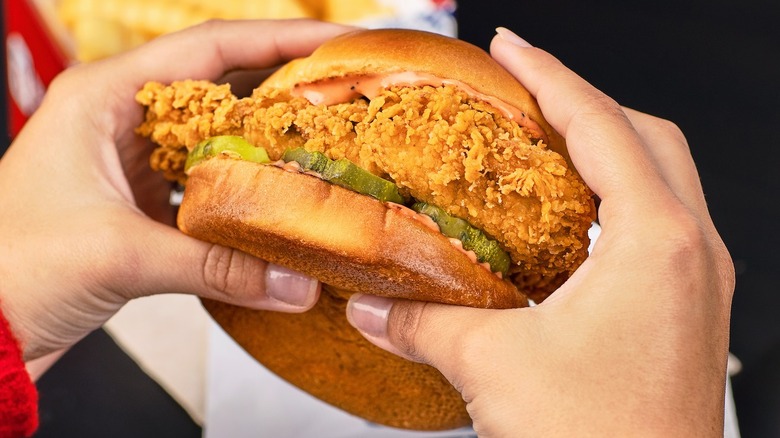 Hands holding a chicken sandwich