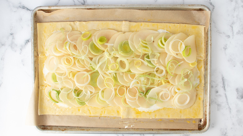 potatoes and leeks on tart