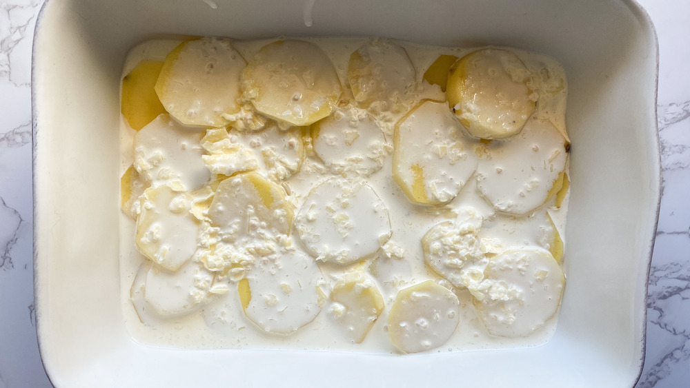 prepping potatoes au gratin