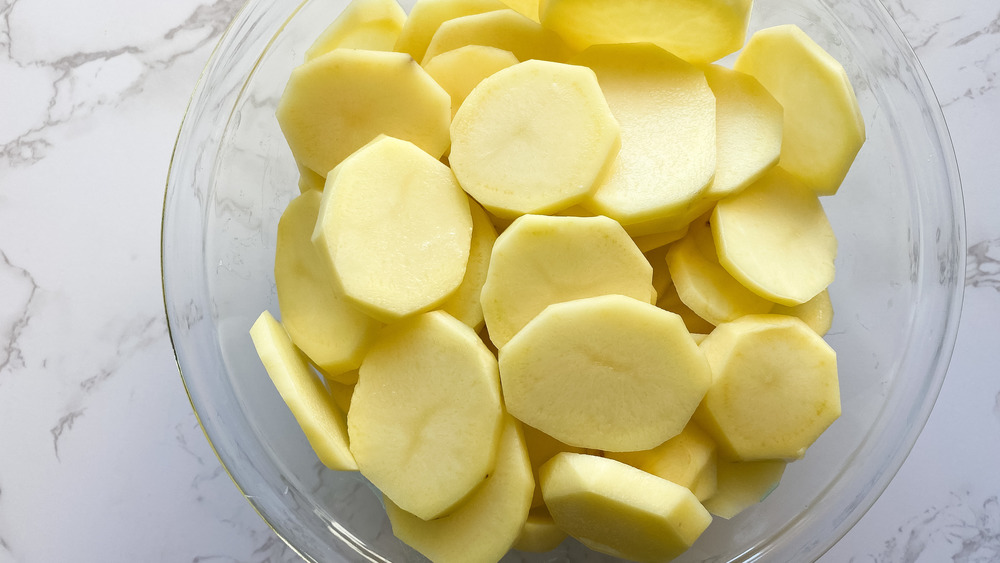 sliced potatoes in dish