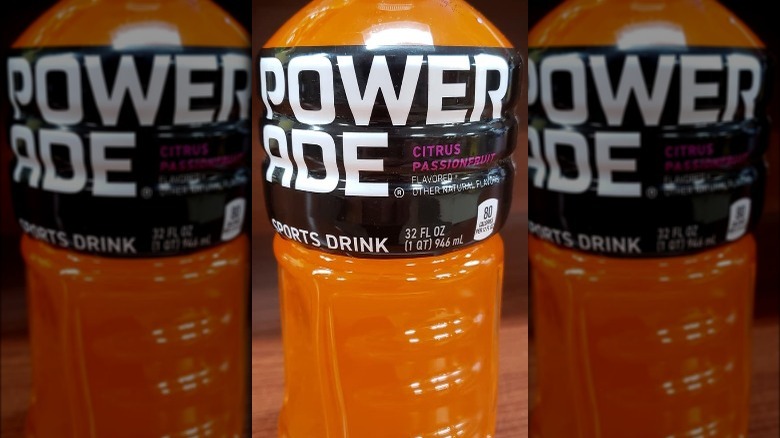 Bottle of Powerade Citrus Passionfruit on counter