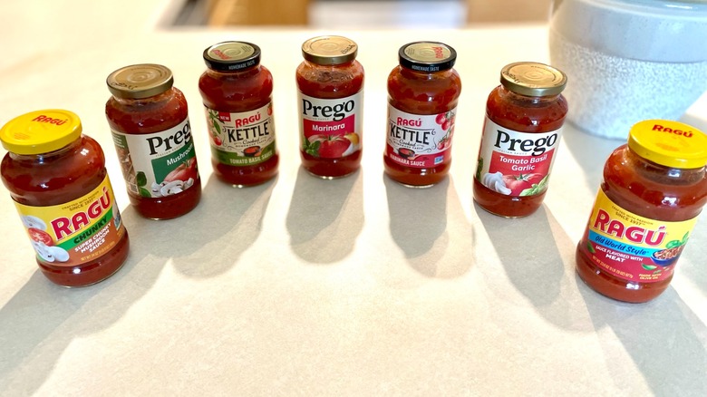 pasta sauces arranged on counter