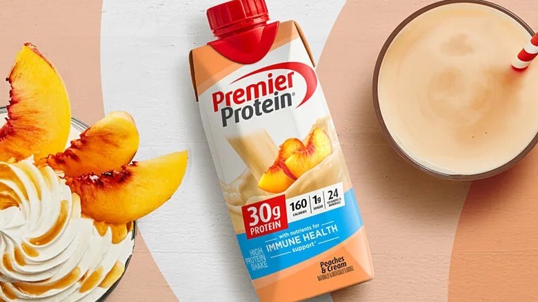 A bottle of peach Premier Protein