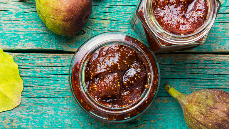 Glass jars of fig preserves