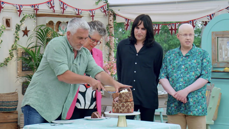 Prue Leith, Paul Hollywood, Matt Lucas, and Noel Fielding on The Great British Bake Off