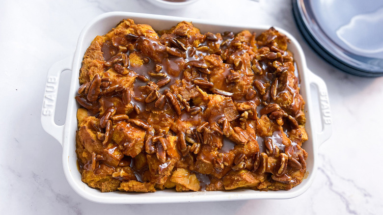 pumpkin bread pudding in dish