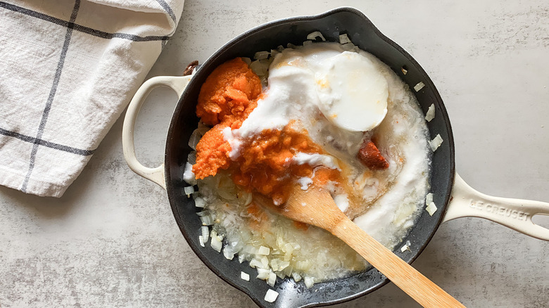 curry sauce ingredients in skillet