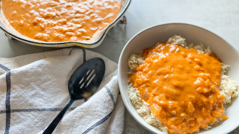 pumpkin curry sauce over rice