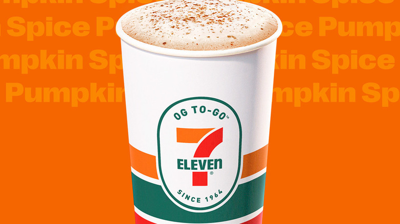 A 7-Eleven Pumpkin Spice Latte in a to-go cup