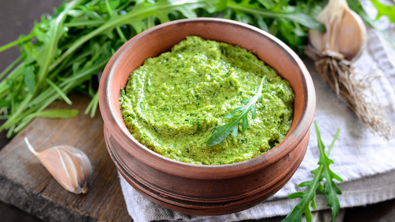 jar of pesto made from arugula