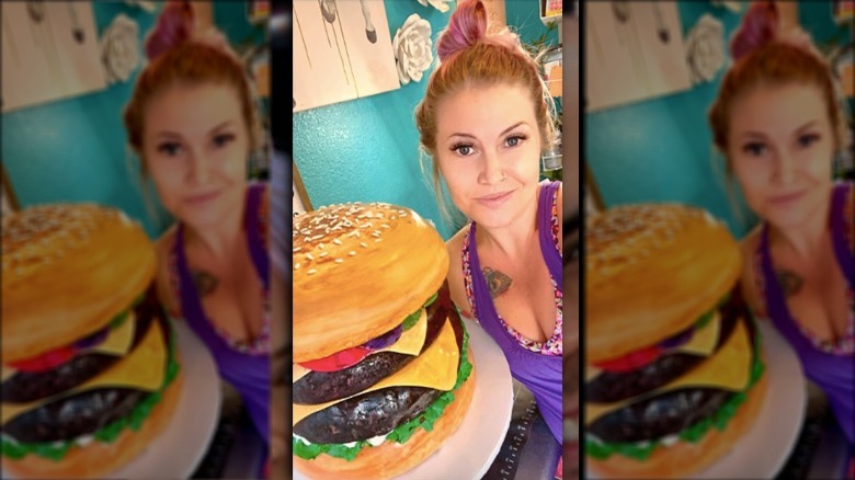 Natalie Collins-Fish with cheeseburger cake