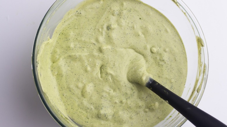 Matcha ice cream mix in a bowl