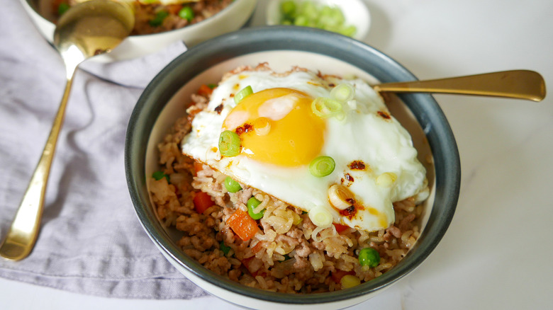 quick pork fried rice in bowl 