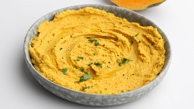 bowl of roasted pumpkin hummus