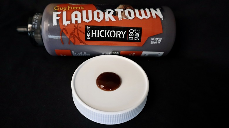 Flavortown Smokin' Hickory barbecue sauce bottle with sample