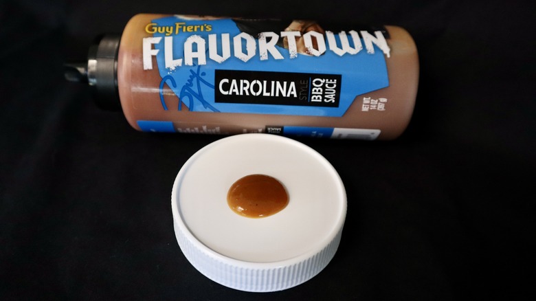 Flavortown Carolina Style barbecue sauce bottle with sample