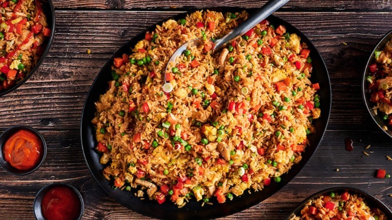 Platter of Lucky Dragon Fried Rice on wood table